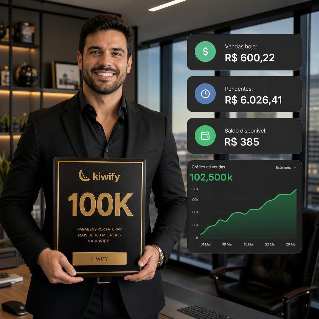 Empresário com placa Kiwify de 100K e gráfico de vendas